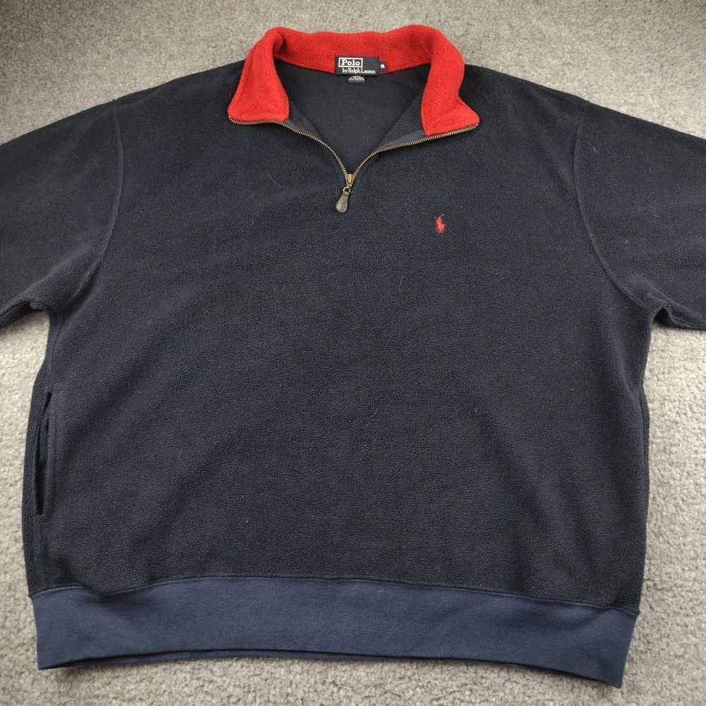 VTG 90s Polo Ralph Lauren Mens XL Fleece Quarter Zip Pullover Blue Red Collar